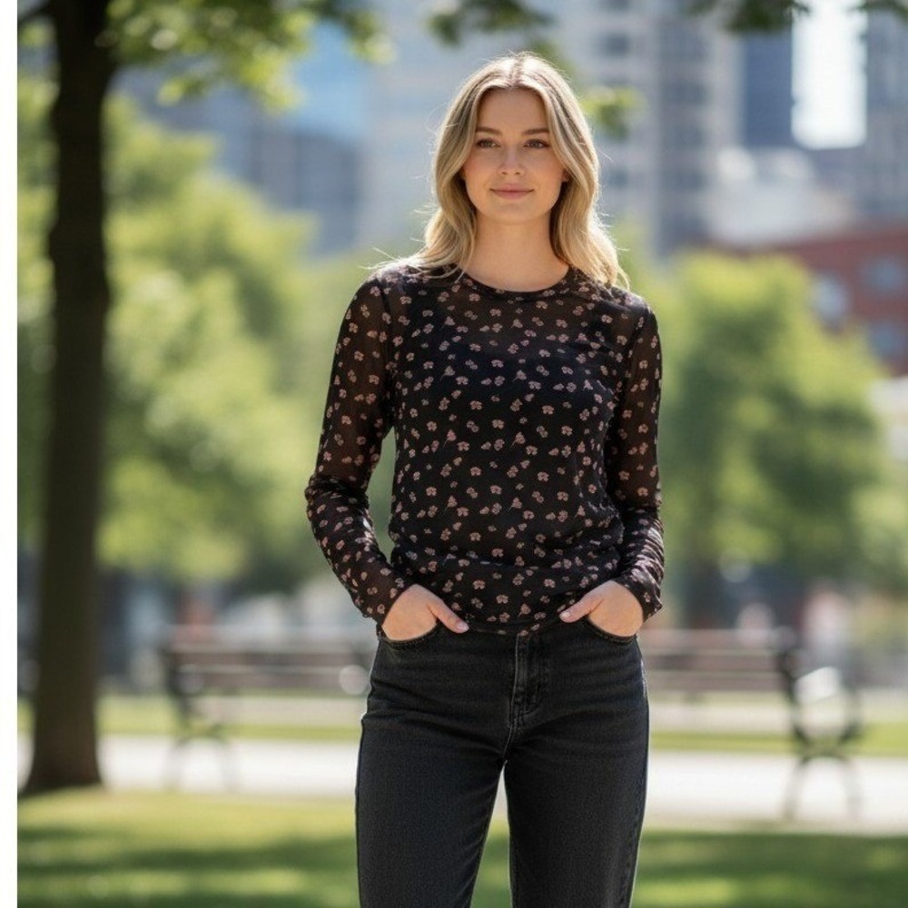 Sanctuary Top Womens Small Black Floral Mesh Sheer Long Sleeve Y2K‎ Grunge